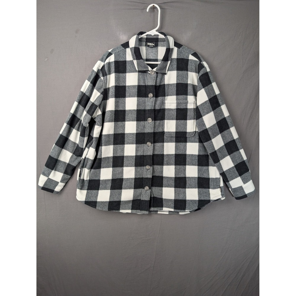Eddie Bauer Womens XL Fleece Shirt‎ Buffalo Plaid Black White Shacket